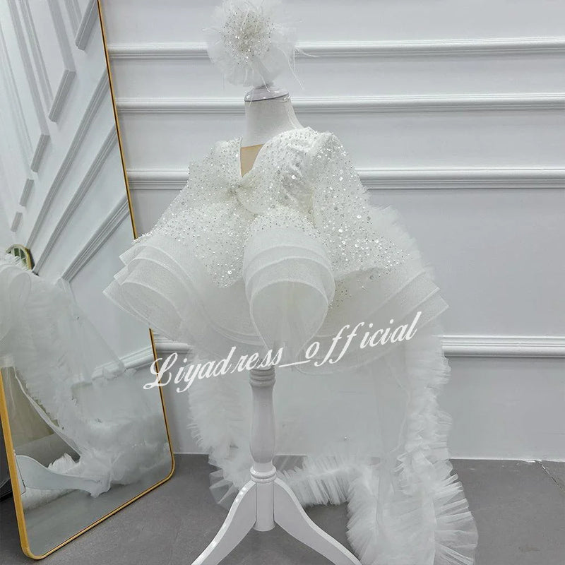 Lace Butterfly Sequined Trailing Birthday Dress with Tiara | KLFFIGID
