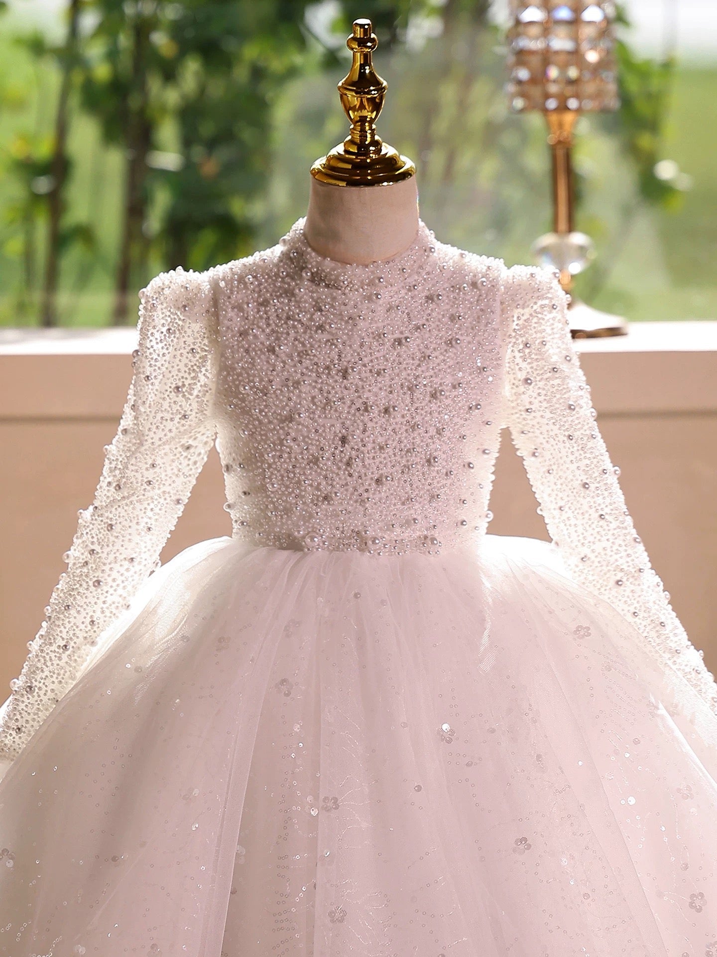 Girls elegant sequin party princess dress Long-sleeved dress, high-end elegant wedding white long dress, dress for teenage girls aged 3-12