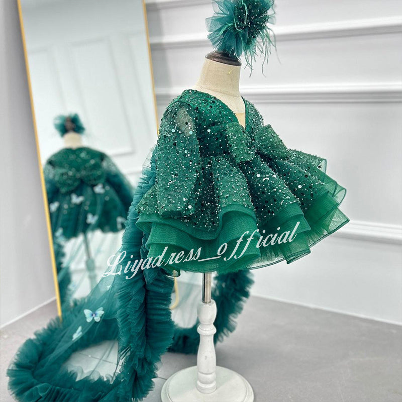 Lace Butterfly Sequined Trailing Birthday Dress with Tiara | KLFFIGID