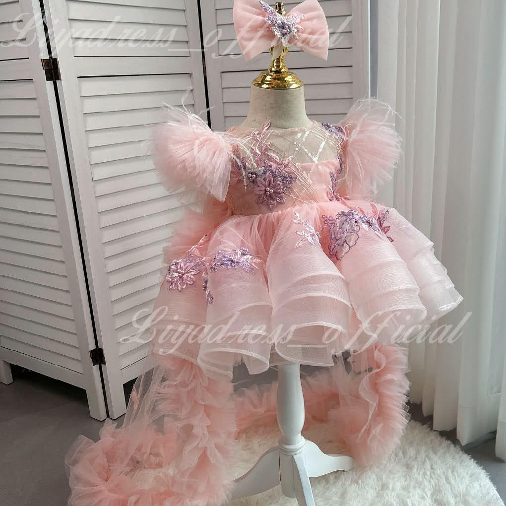Cute Feather Sleeve Embroidery Girl Birthday Dress | KLFFIGID