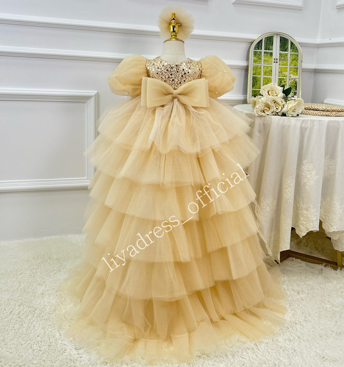 Sequin Flower Girl Dress with Train & Puff Sleeves | KLFFIGID