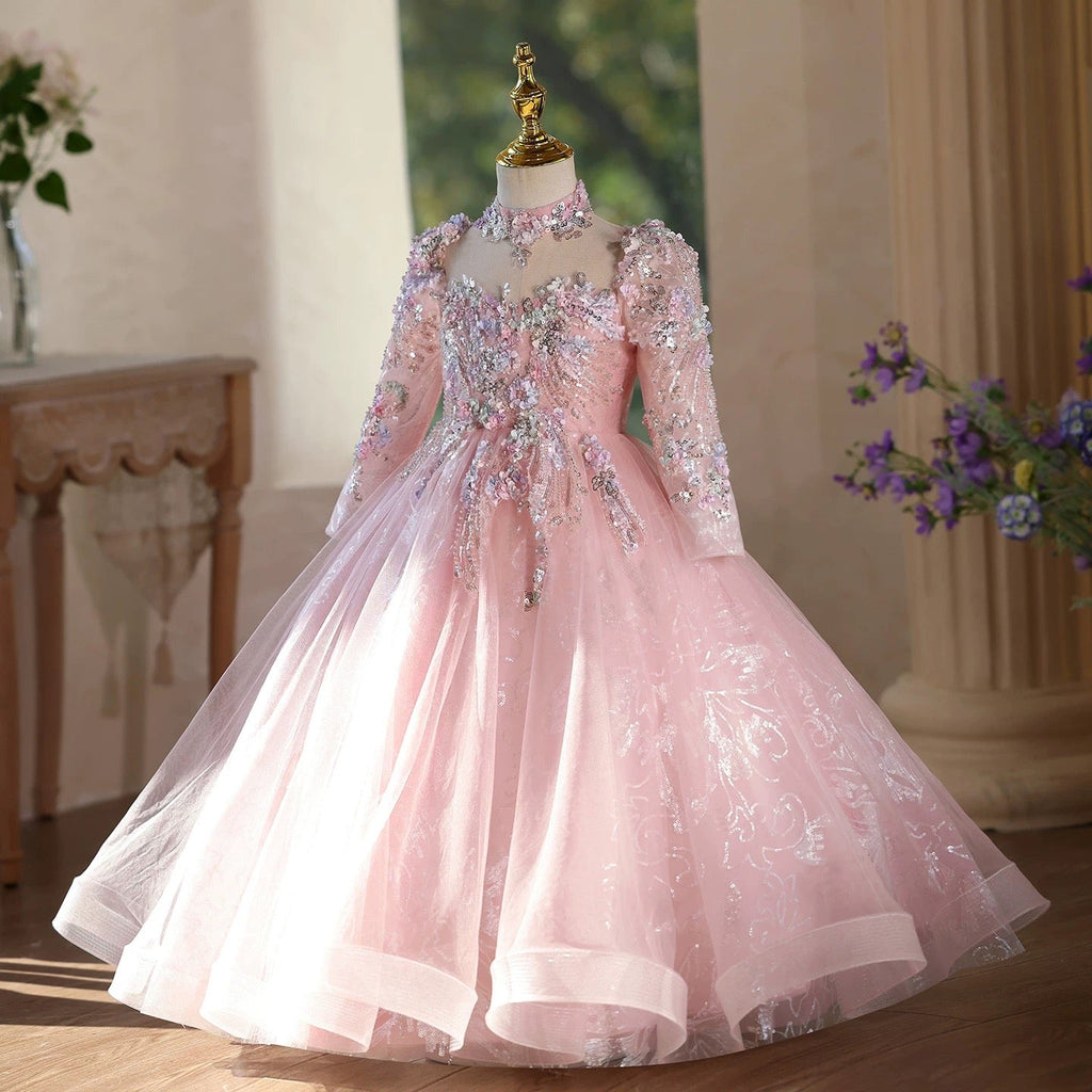 Girls long sequined long sleeve princess dress fashionable luxury birthday catwalk dress School ceremony girls princess dress