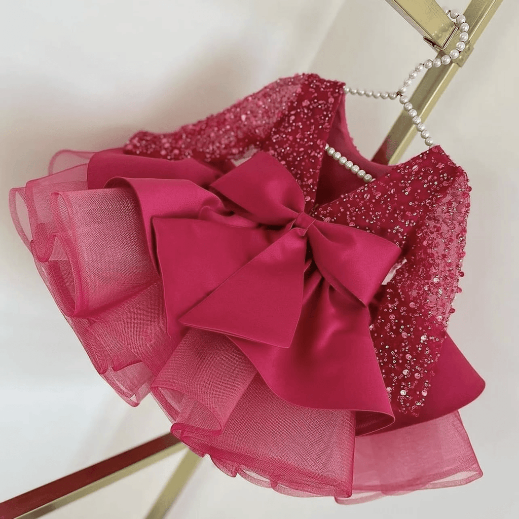 Satin Sequin Big Bow Fluffy Girls Birthday Princess Dress | KLFFIGID