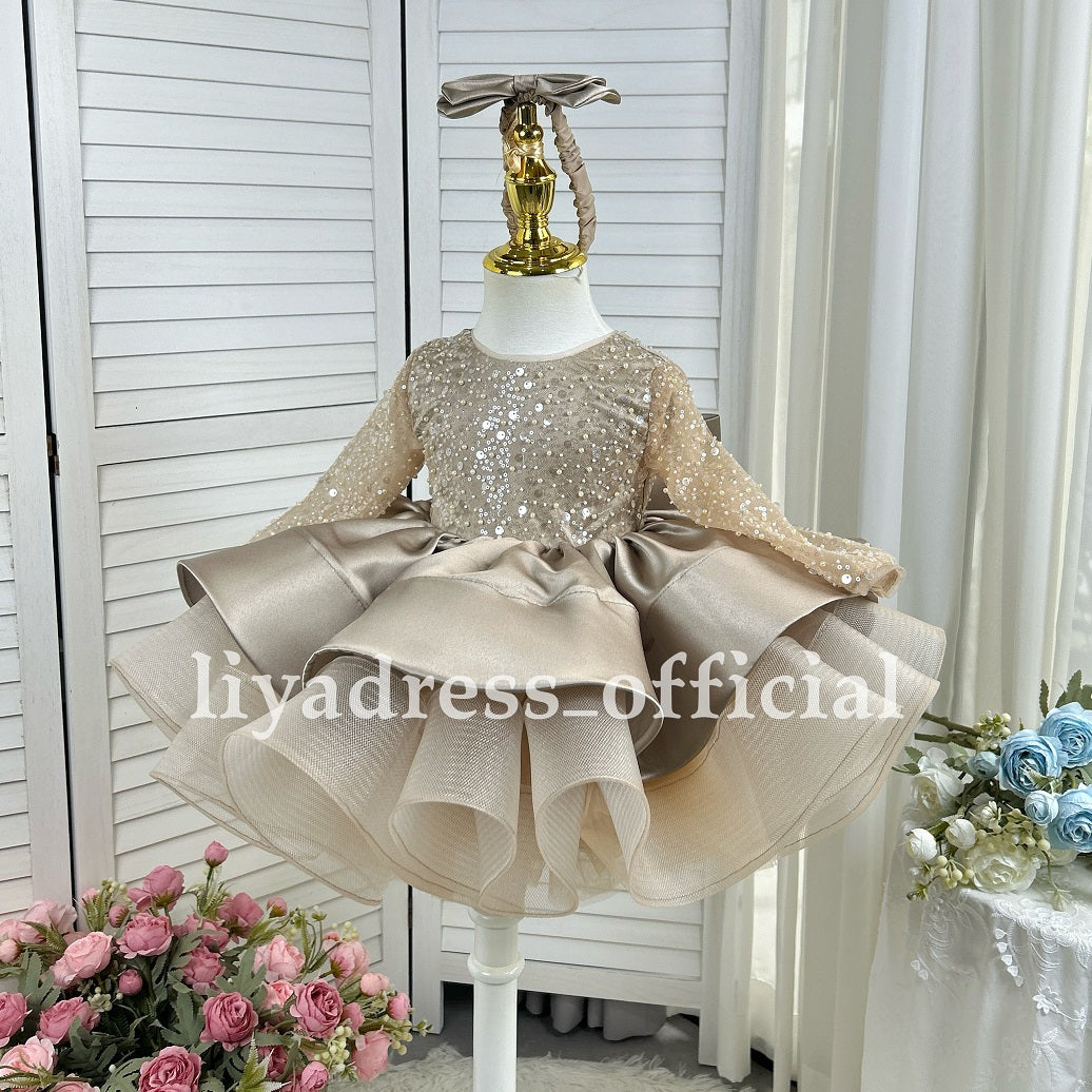 Satin Sequin Big Bow Fluffy Girls Birthday Princess Dress | KLFFIGID
