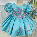 Turquoise Satin Butterfly Floral Tutu Party Dress | KLFFIGID