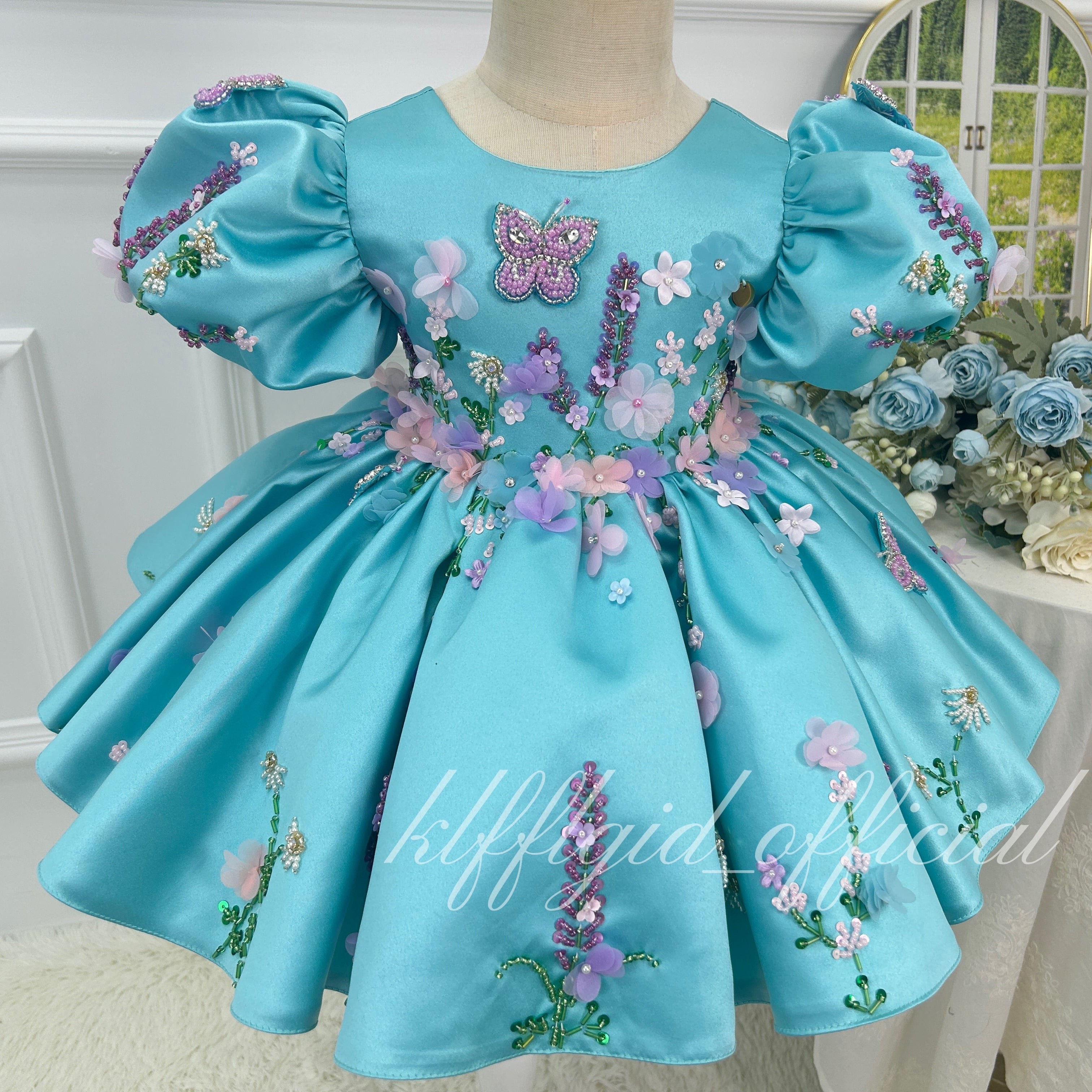 Turquoise Satin Butterfly Floral Tutu Party Dress | KLFFIGID