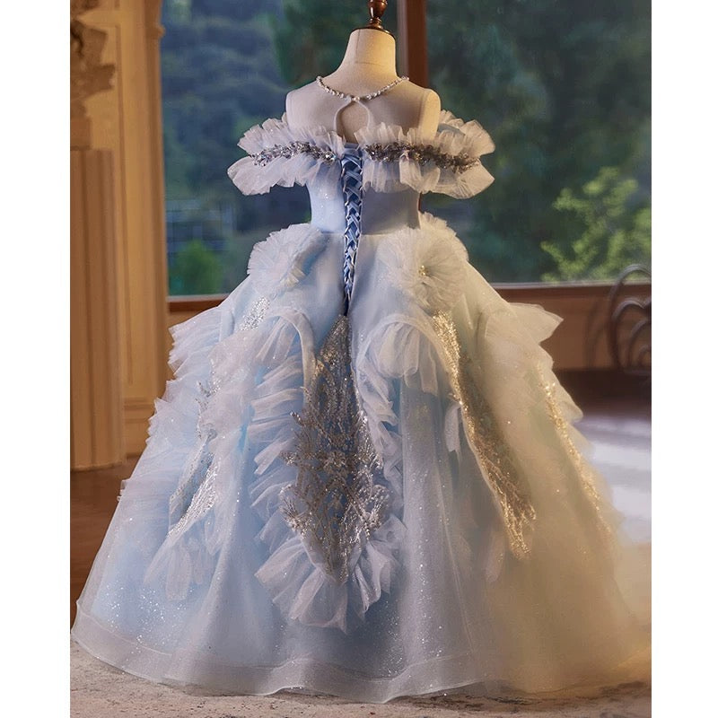 CEmbroidered sequins children's maxi dress, princess birthday party evening dress, blue dress