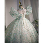 Dreamy Puff Sleeve Fairy Dress Elegant Princess Gown Shimmering Mint Green Fairy Tale Dress