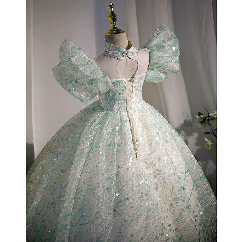 Dreamy Puff Sleeve Fairy Dress Elegant Princess Gown Shimmering Mint Green Fairy Tale Dress