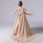 Elegant Champagne Gold Fairytale Gown Asymmetric Design Luxurious Girl's Gown for a Classy Look Trailing Elegance - Highlight Every Graceful Moment
