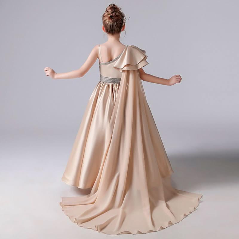 Elegant Champagne Gold Fairytale Gown Asymmetric Design Luxurious Girl's Gown for a Classy Look Trailing Elegance - Highlight Every Graceful Moment