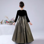 Graceful Princess Gown for Girls Black and Gold Velvet Long Dress for Elegance Must-Have Party Outfit for Little Princesses