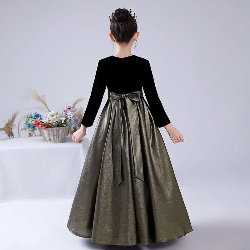 Graceful Princess Gown for Girls Black and Gold Velvet Long Dress for Elegance Must-Have Party Outfit for Little Princesses