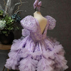 V-Neck Puff Sleeve Butterfly Fluffy Baby 1st Birthday Dress | KLFFIGID
