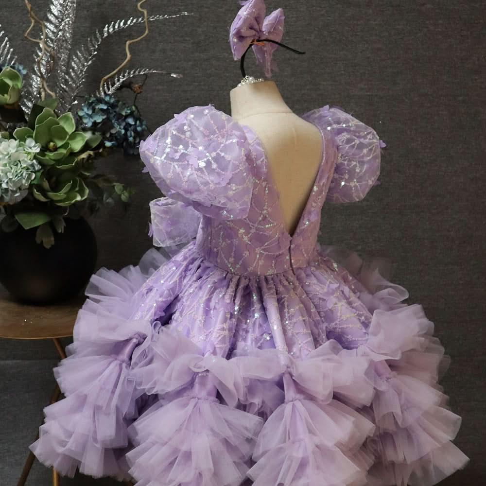V-Neck Puff Sleeve Butterfly Fluffy Baby 1st Birthday Dress | KLFFIGID