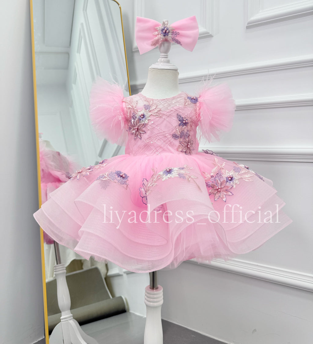 Girls Embroidered Flower Princess Dress Feather Sleeve Party Dress | KLFFIGID