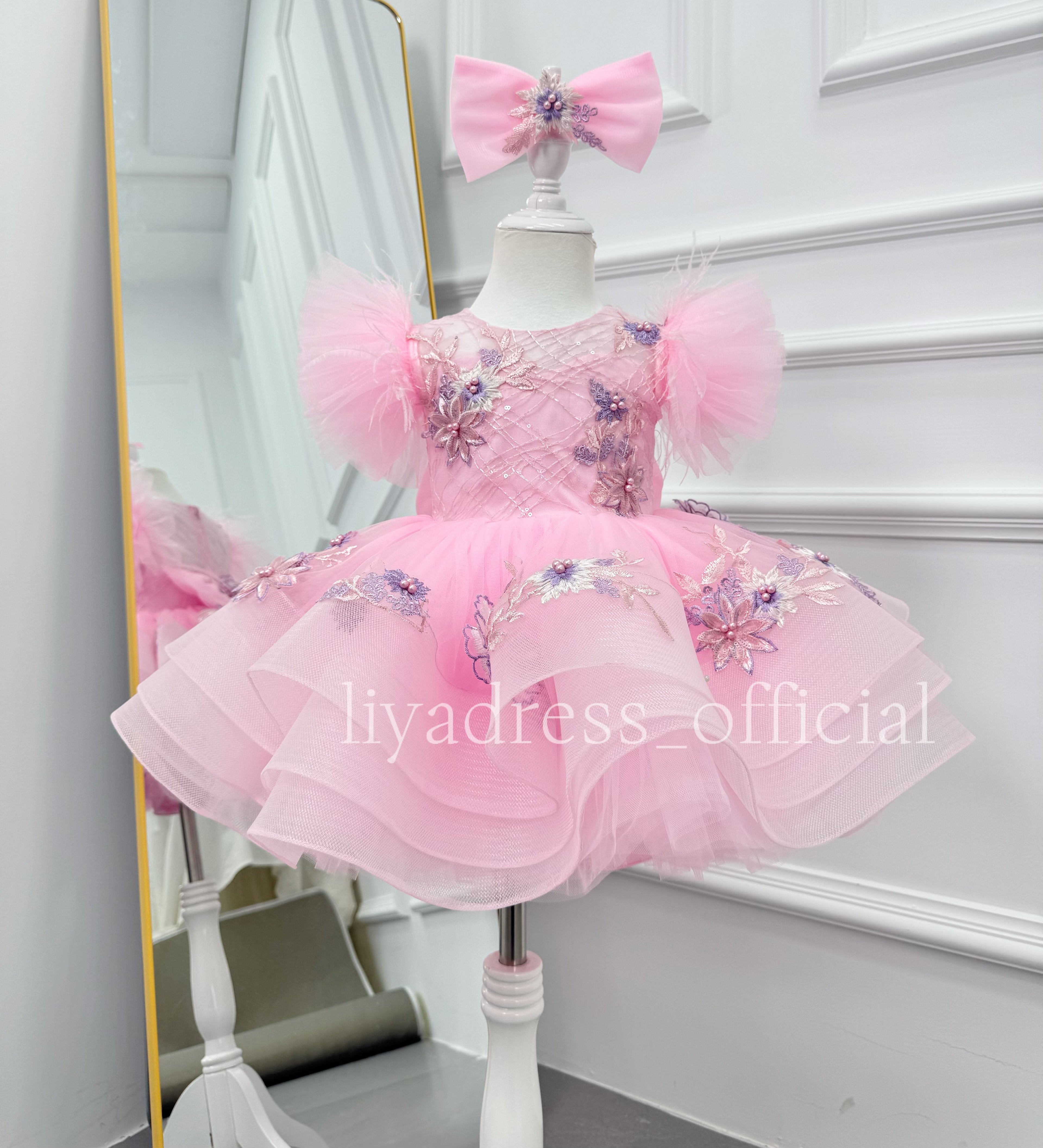 Girls Embroidered Flower Princess Dress Feather Sleeve Party Dress | KLFFIGID