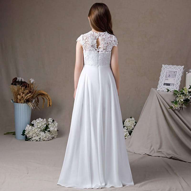 Elegant Lace Princess Dress White High-Waist Long Dress for Girls A Pure and Elegant Dress for Little Girls