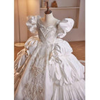 Luxurious Puff Sleeve Princess Dress Elegant White Satin Dress