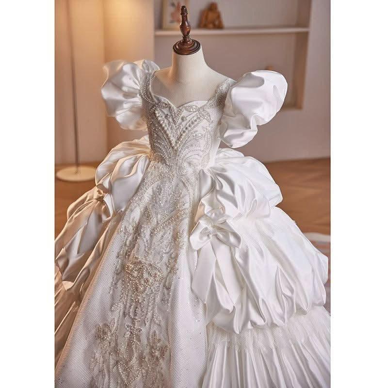 Luxurious Puff Sleeve Princess Dress Elegant White Satin Dress
