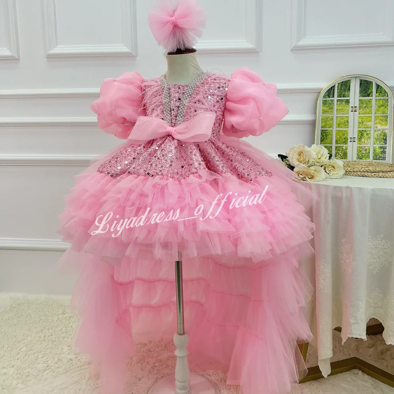 Sequin Flower Girl Dress with Train & Puff Sleeves | KLFFIGID