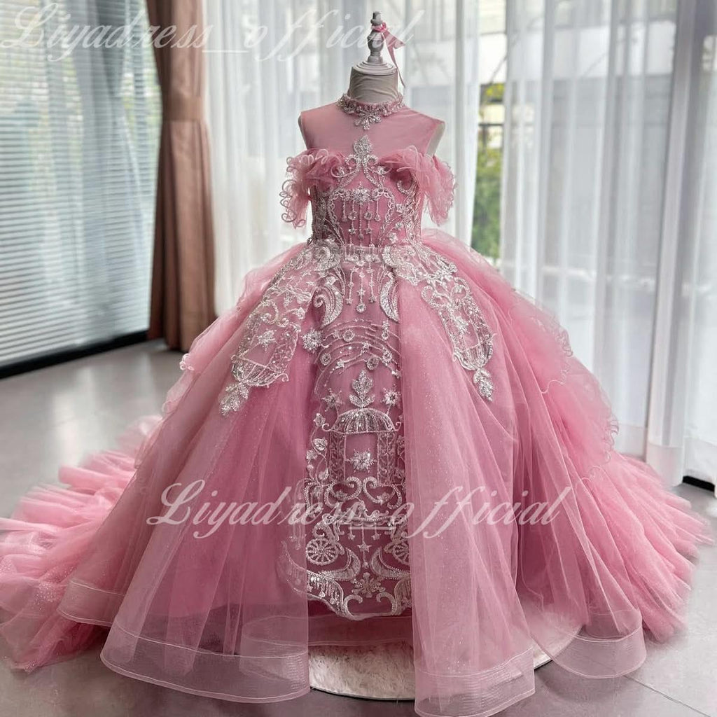 New Pink Lace Embroidered Fluffy Fashion Stage Performance Flower Girl Wedding Girls' Evening Dress