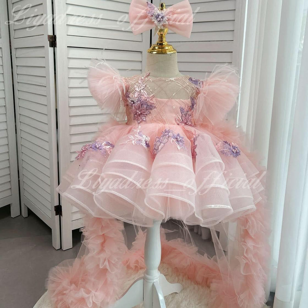 Cute Feather Sleeve Embroidery Girl Birthday Dress | KLFFIGID
