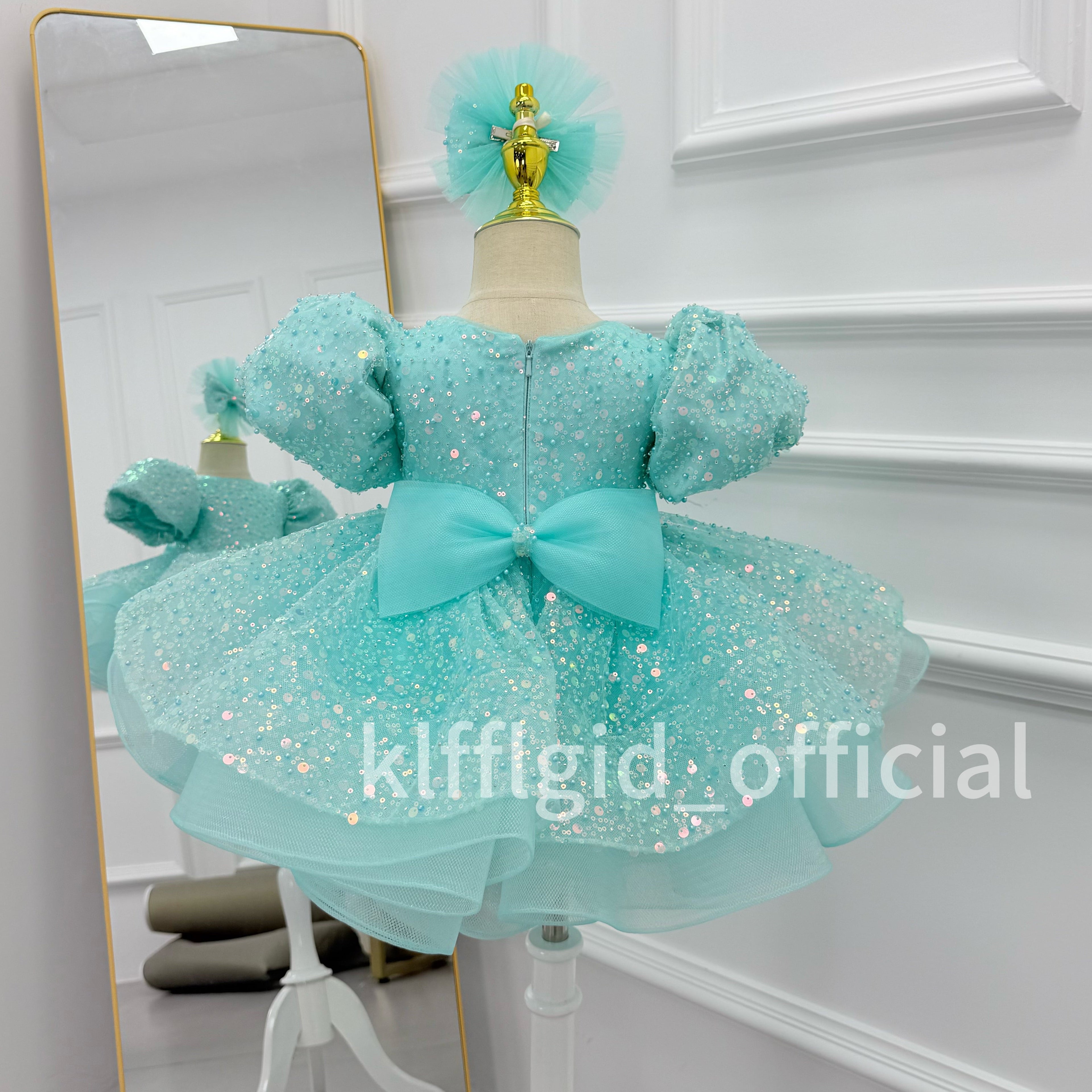 Girls Sequin Puff Sleeve Birthday Princess Dress with Headband | KLFFIGID