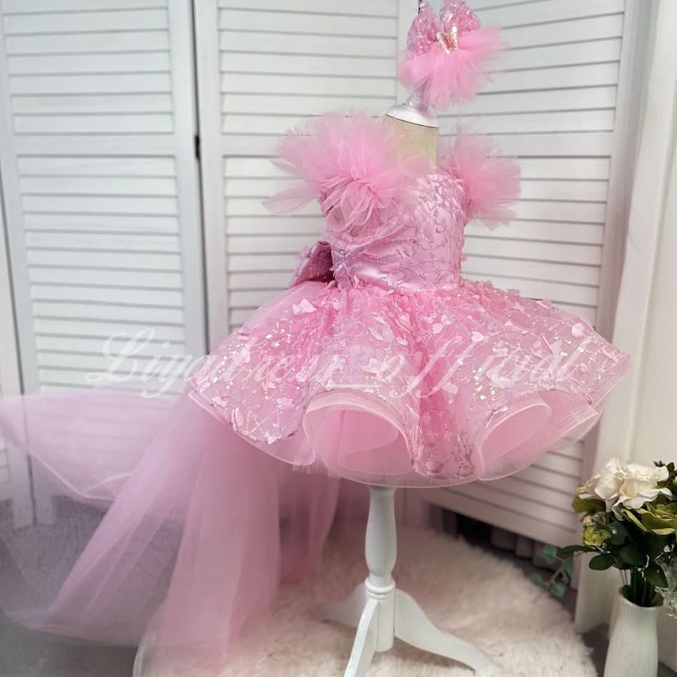 Girls Sleeveless Feather Butterfly Tail Birthday Evening Dress | KLFFIGID