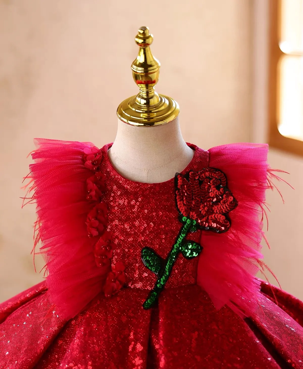 Girls Red Birthday Party Dress with 3D Rose Skirt｜KLFFLGID