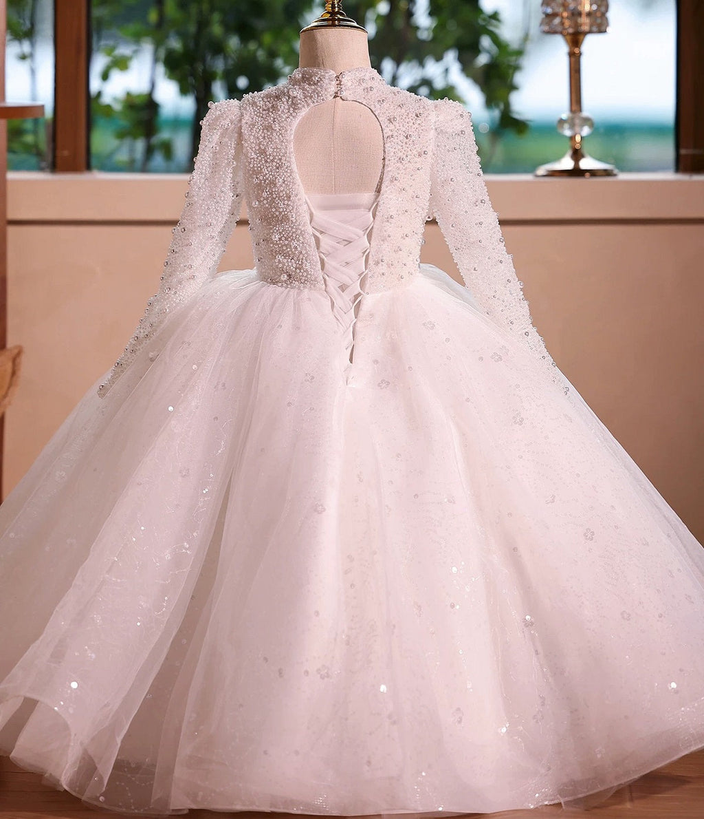 Girls elegant sequin party princess dress Long-sleeved dress, high-end elegant wedding white long dress, dress for teenage girls aged 3-12