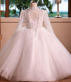 Girls elegant sequin party princess dress Long-sleeved dress, high-end elegant wedding white long dress, dress for teenage girls aged 3-12