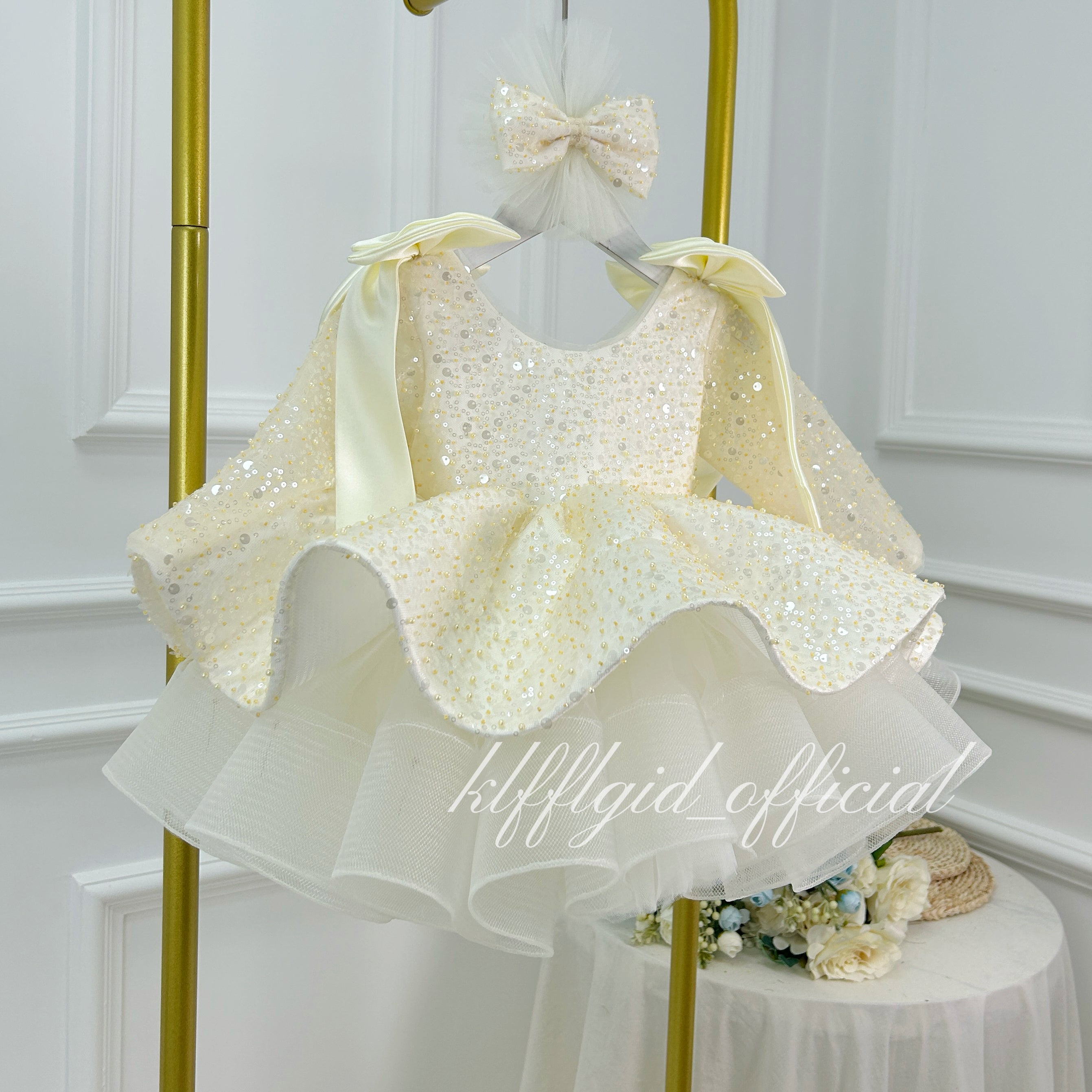 Toddler Girls Sequin Bow Long Sleeve Tulle Princess Birthday Party Dress | KLFFLGID