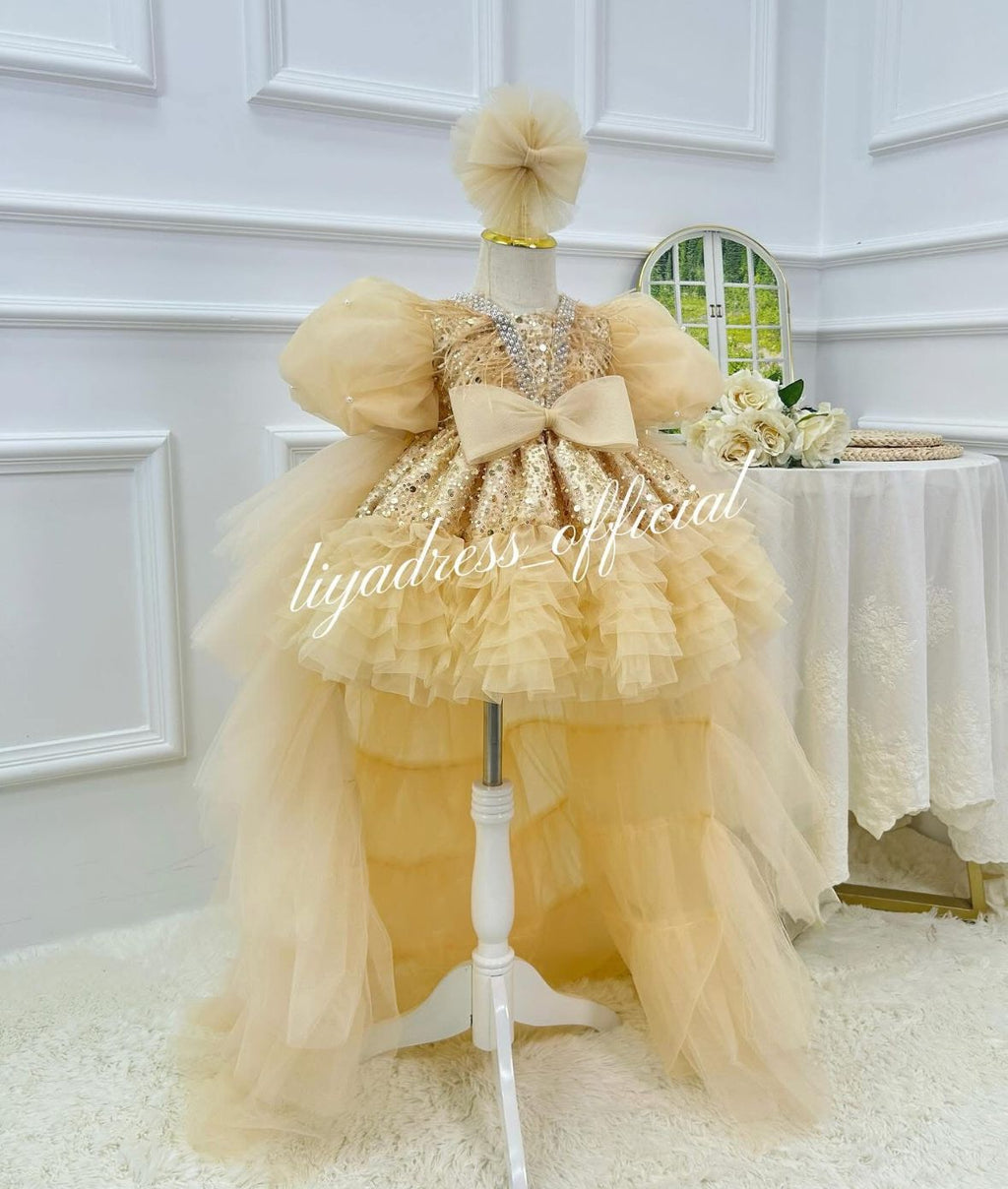 Elegant Flower Girl 1st Birthday Dress with Train | KLFFIGID