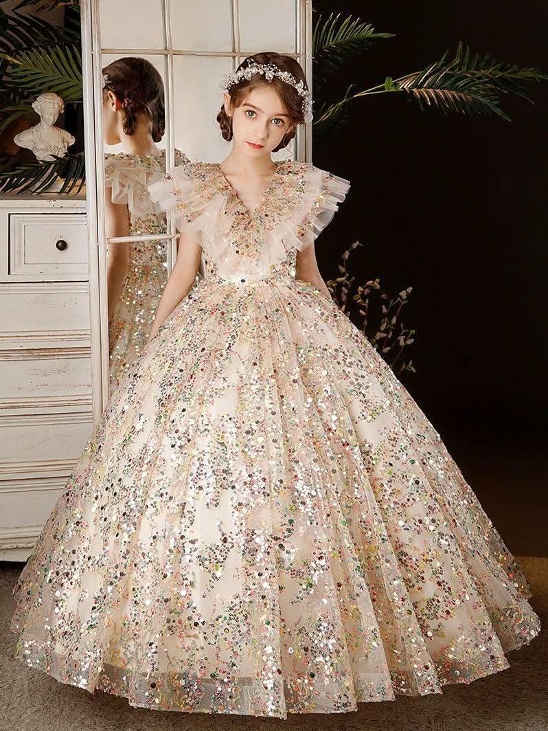 Girls Fairy Dream Multicolor Sequin Long Princess Gown | KLFFIGID