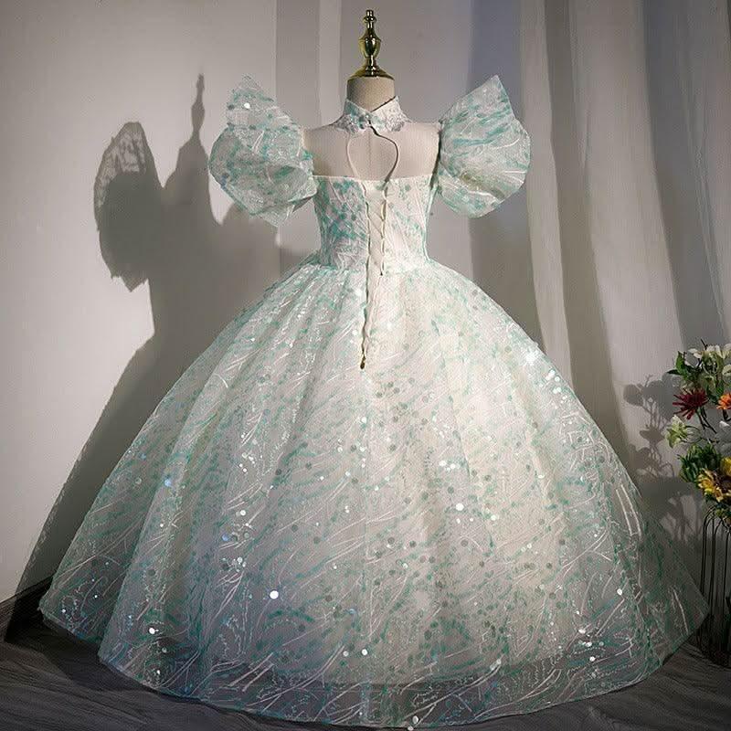 Dreamy Puff Sleeve Fairy Dress Elegant Princess Gown Shimmering Mint Green Fairy Tale Dress