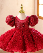 Girls Red Rose Princess Dress with Sequin Puff Sleeves｜KLFFLGID