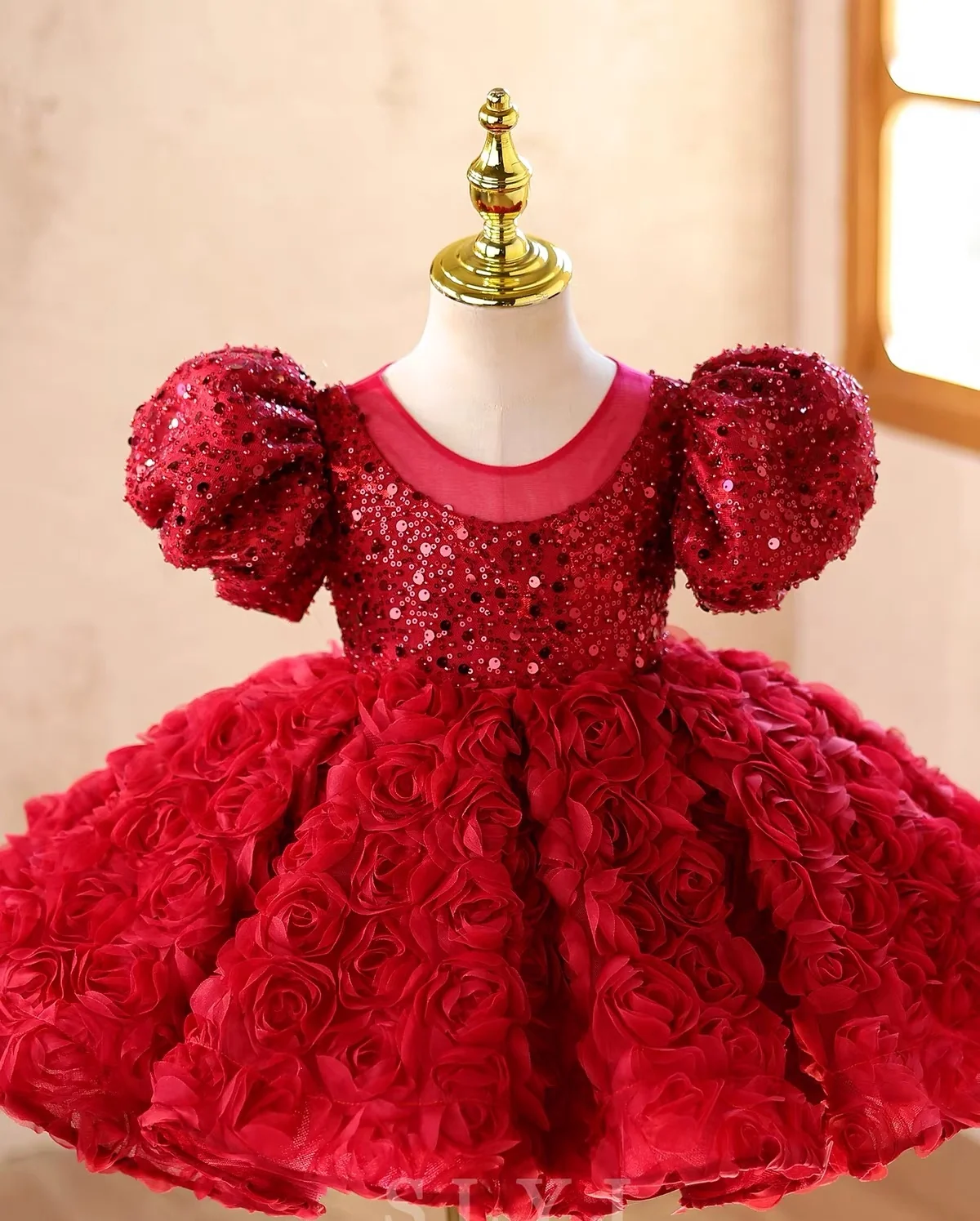 Girls Red Rose Princess Dress with Sequin Puff Sleeves｜KLFFLGID