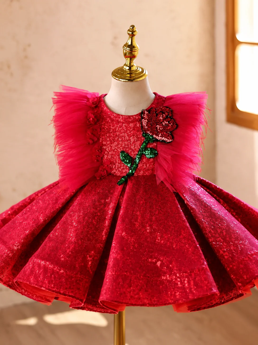 Girls Red Birthday Party Dress with 3D Rose Skirt｜KLFFLGID