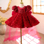 Girls Red Rose Princess Dress with Sequin Puff Sleeves｜KLFFLGID