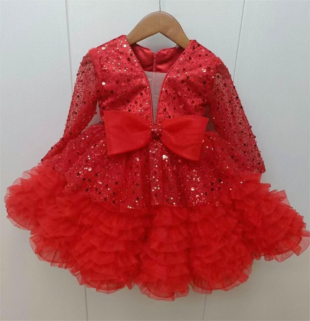 2Pcs Purple Long Sleeve Sequin Girl Party Dress with Bow | KLFFIGID