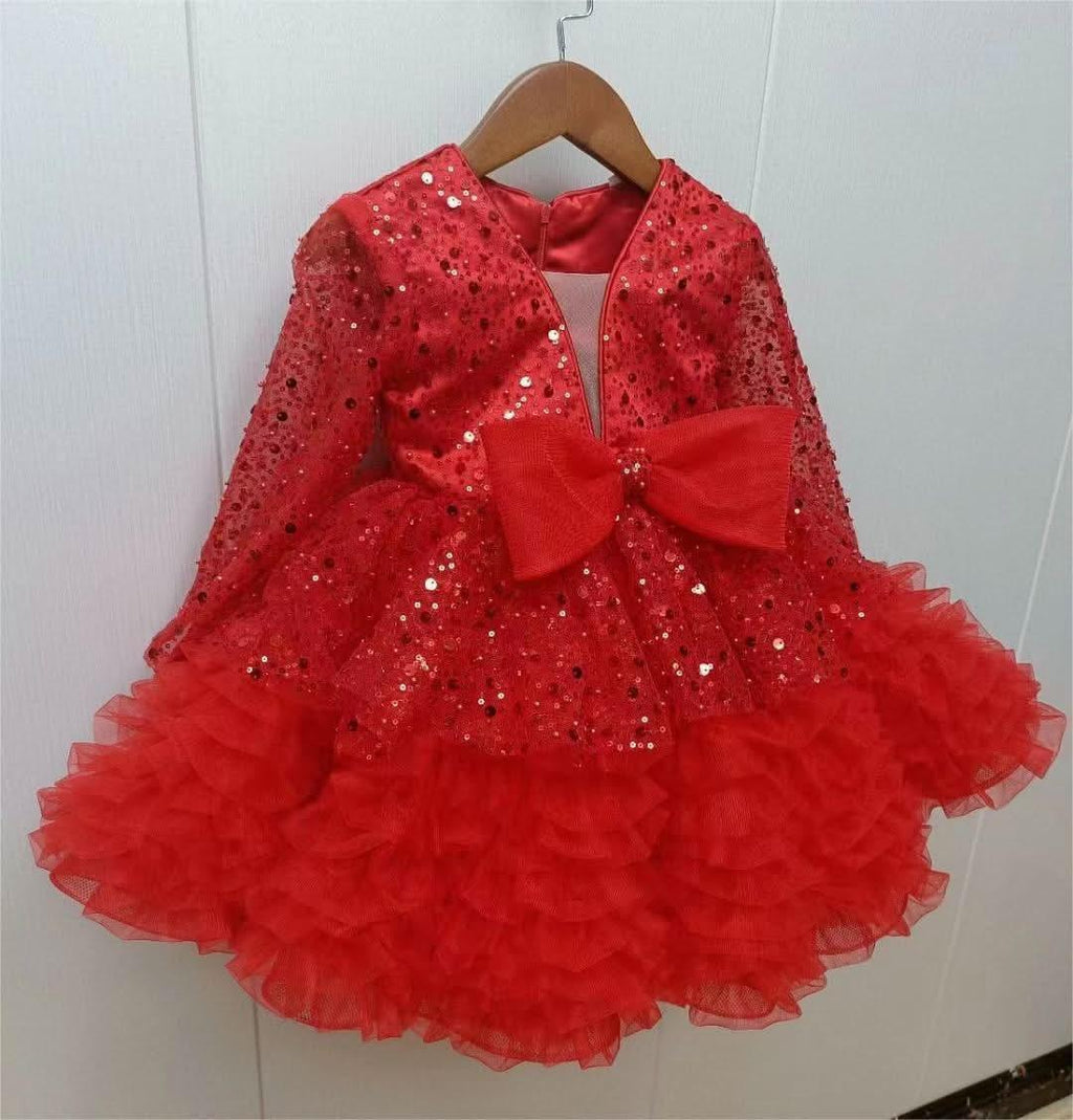 2Pcs Purple Long Sleeve Sequin Girl Party Dress with Bow | KLFFIGID