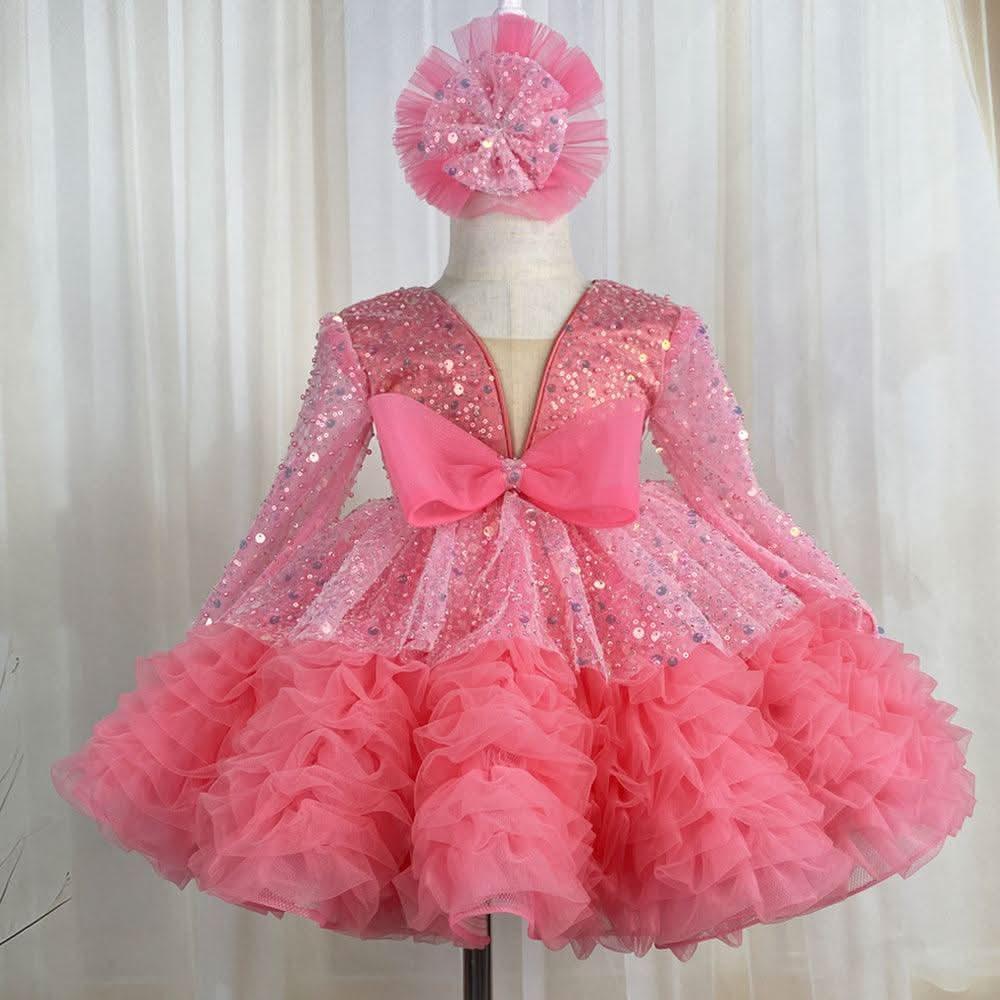 2Pcs Long Sleeve Sequin Birthday Party Dress with Headband | KLFFIGID