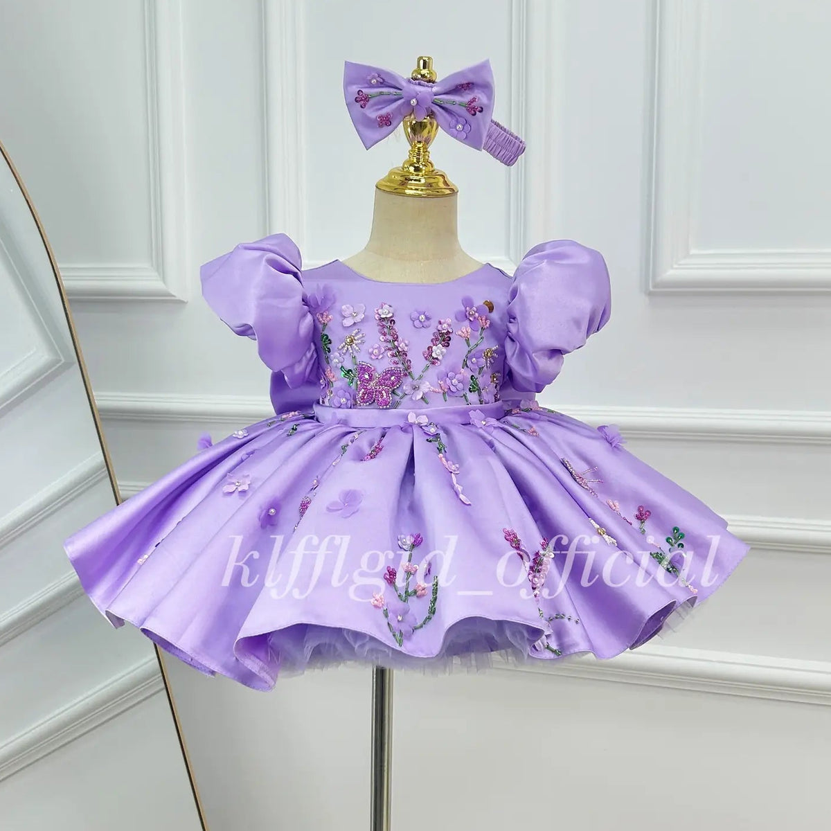 Girls Lavender Satin Princess Dress with Floral Embroidery and Puff Sleeves｜KLFFLGID