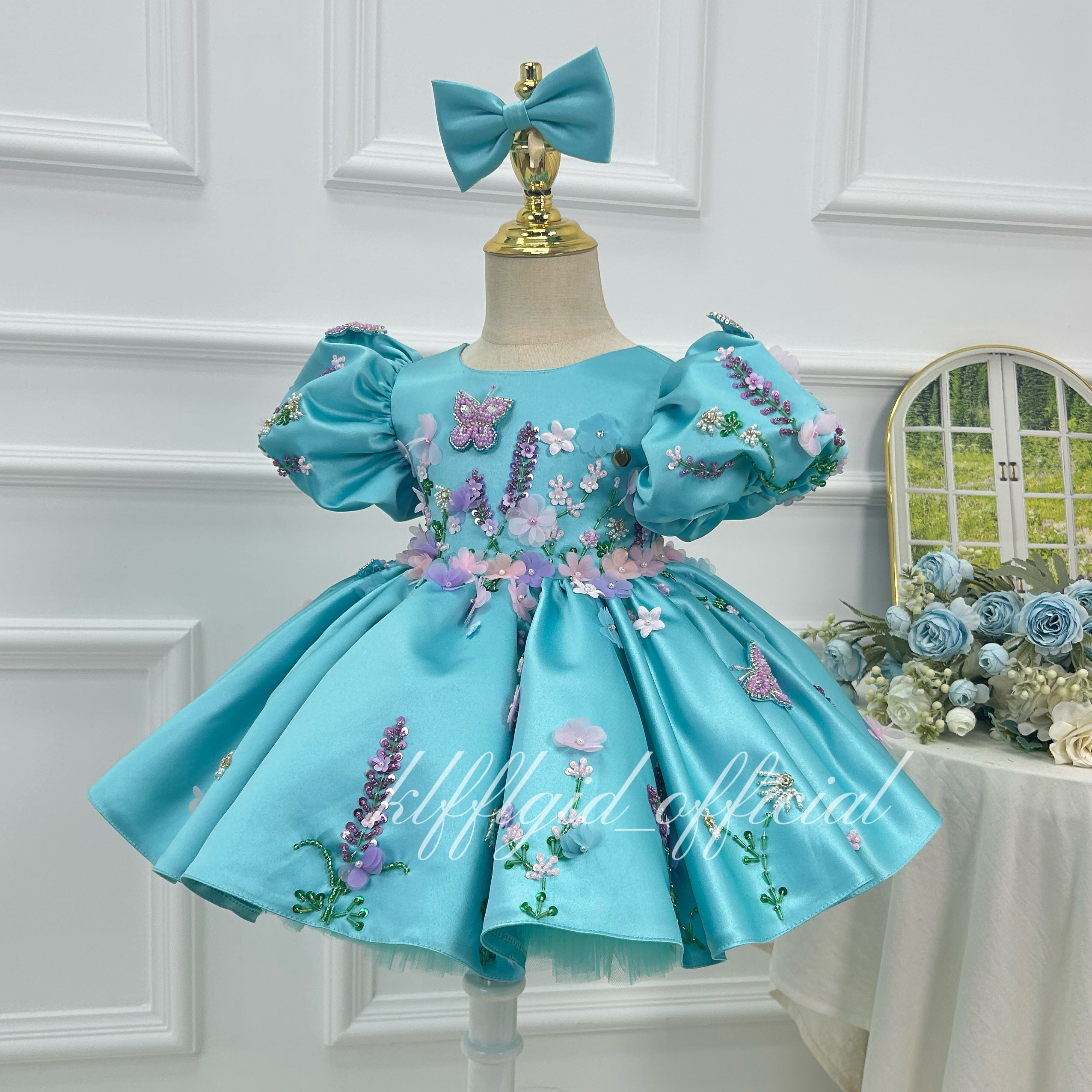 Turquoise Satin Butterfly Floral Tutu Party Dress | KLFFIGID
