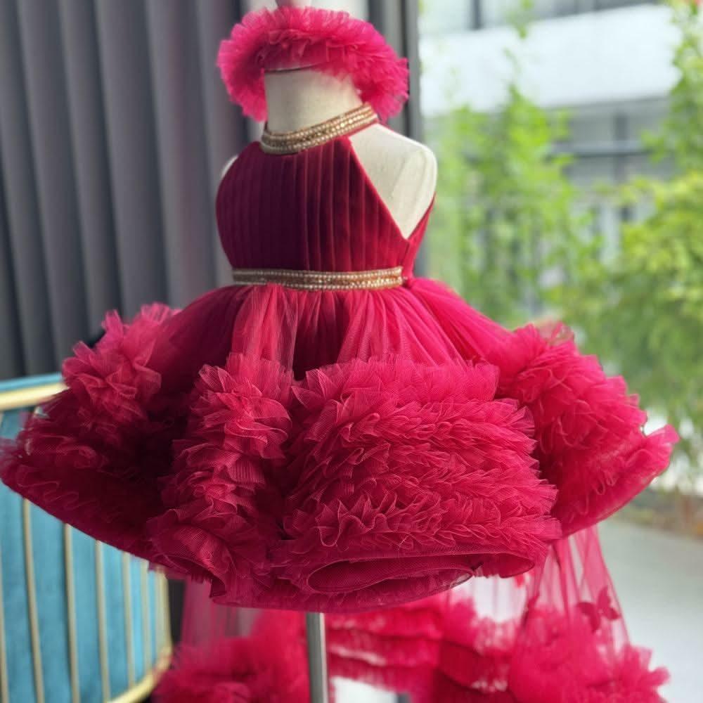 Burgundy Princess Birthday Party Dress with Removable Train | KLFFIGID