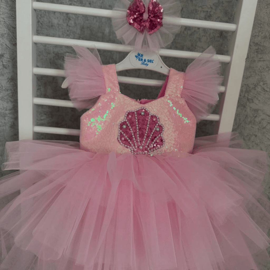 Flutter Sleeve Sequined Shell Baby Birthday Princess Dress | KLFFIGID
