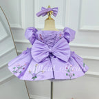 Girls Lavender Satin Princess Dress with Floral Embroidery and Puff Sleeves｜KLFFLGID