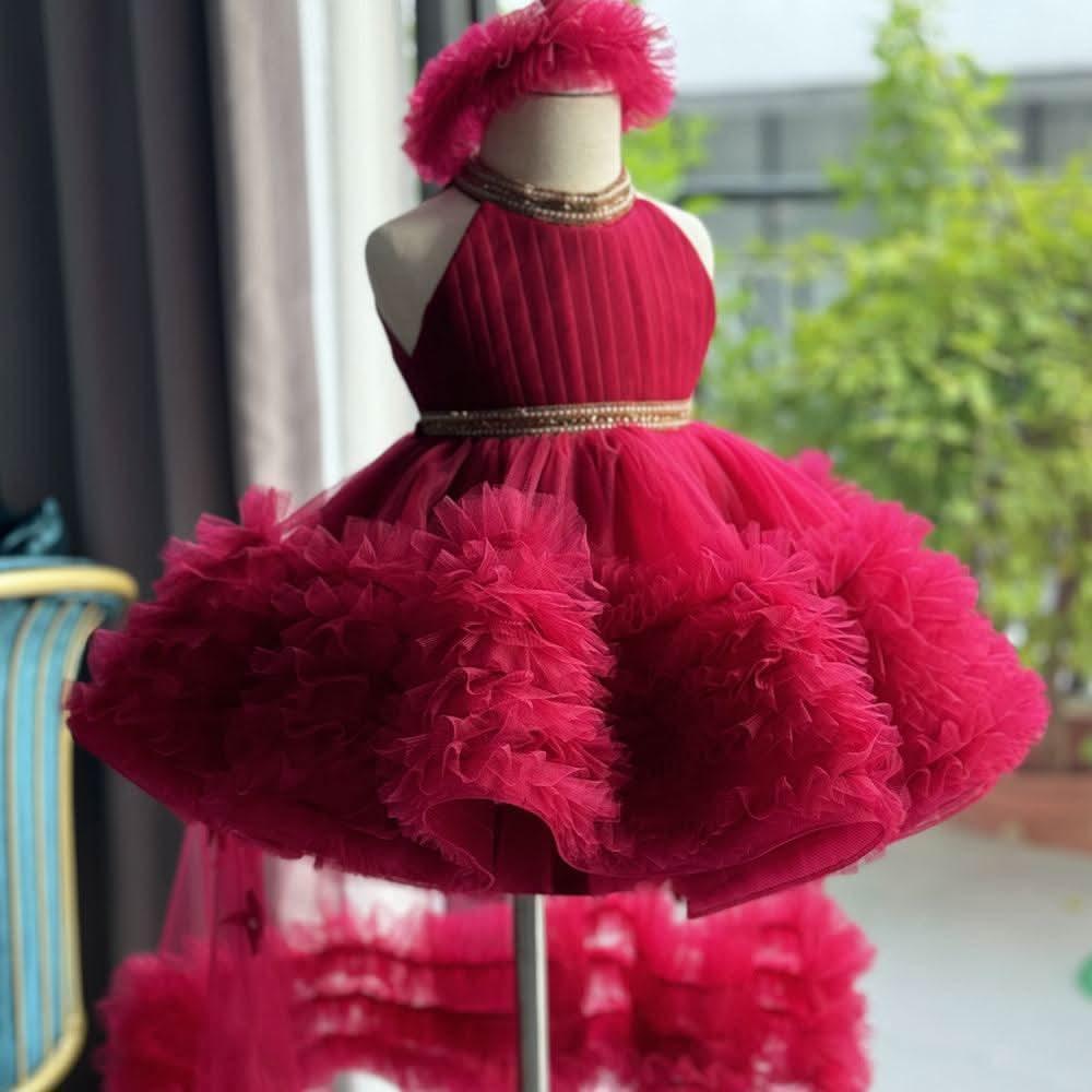 Burgundy Princess Birthday Party Dress with Removable Train | KLFFIGID