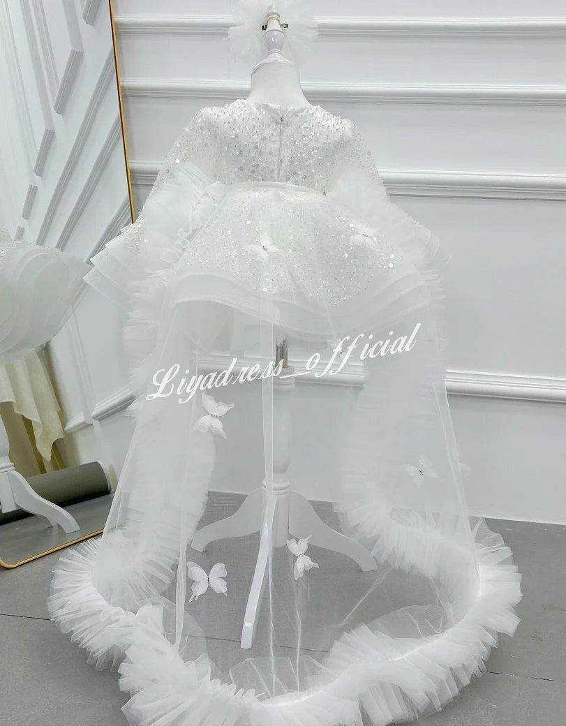 Lace Butterfly Sequined Trailing Birthday Dress with Tiara | KLFFIGID